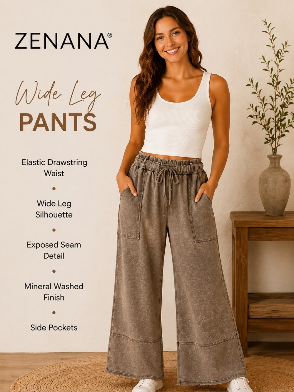 Zenana Mineral Wash Wide Leg Pants Taupe Gray Drawstring Cargo Bohemian Small